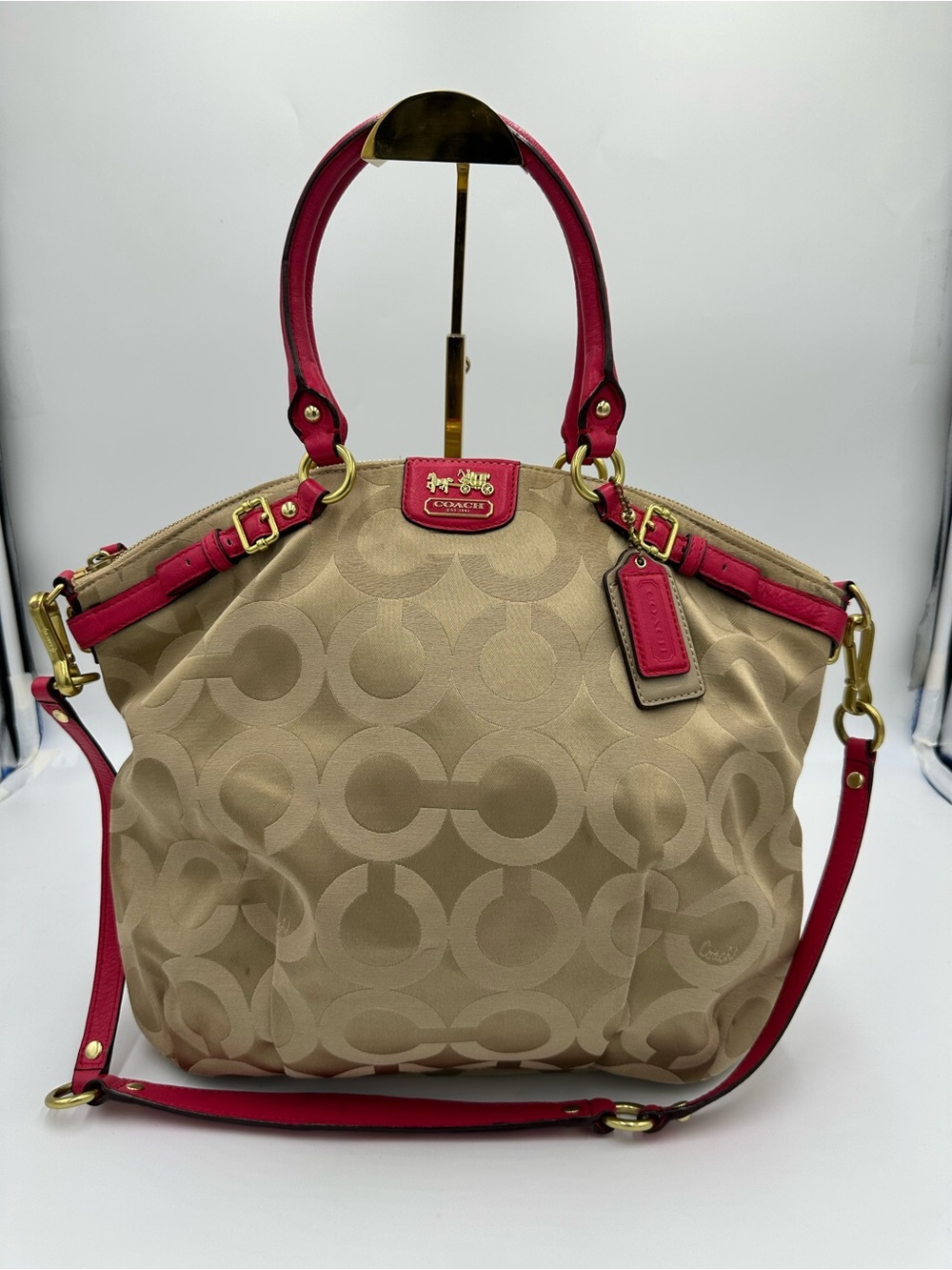 Coach Madison Beige Signature Satchel with Pink Leather Accents